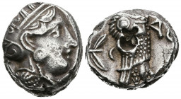 ATICA, Atenas. Tetradracma. (Ar. 17,11g/19mm). 350-294 a.C. (SNG Copenhagen 64). Anv: Cabeza de Atenea con casco decorado a derecha. Rev: Búho en pie ...