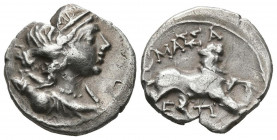 GALIA, Massalia. Dracma. (Ar. 2,67g/16mm). 200-150 a.C. Anv: Busto drapeado de Artemisa a derecha portando arco y carcaj en hombro izquierdo. Rev: Leó...