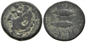 GADES (Cádiz). As. (Ae. 10,38g/25mm). 100-20 a.C. (FAB-1339). Anv: Cabeza de Hércules a izquierda, detrás clava. Rev: Dos atunes a izquierda, entre el...
