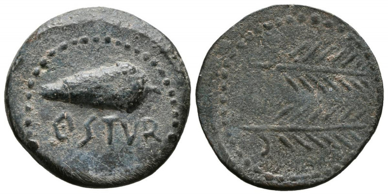 OSTUR (Carmona, Sevilla). Semis. (Ae. 3,10g/21mm). 150-50 a.C. Anv: Bellota a iz...