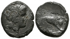 ACUÑACIONES ANONIMAS. Doble Litra. (Ae. 7,62g/21mm). 275-270 a.C. Italia del Sur. Anv: Cabeza femenina a derecha. Rev: León a derecha, debajo leyenda ...
