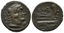 GENS CAECILIA. Cuadrante. (Ae. 2,98g/18mm). 130 a.C. Roma. (Crawford 256/4a). Anv: Cabeza de Hércules a derecha con piel de león, detrás tres puntos. ...