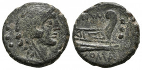 GENS NUMITORIA. Cuadrante. (Ae. 3,49g/17mm). 133 a.C. Roma. (Crawford 246/4b). Anv: Cabeza de Hércules a derecha con piel de león, detrás tres puntos....