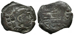 GENS TERENTIA. Cuadrante. (Ae. 5,20g/21mm). 147 a.C. Roma. (Crawford 217/5). Anv: Cabeza de Hércules a derecha con cabeza de león, detrás tres puntos....