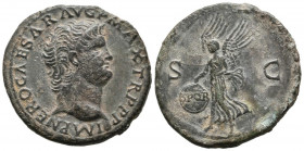 NERON. As. (Ae. 10,29g/28mm). 66 d.C. Lugdunum. (RIC 543). Anv: Cabeza de Nerón a derecha, alrededor leyenda: IMP NERO CAESAR AVG P MAX TR P P P. Rev:...