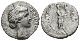 GUERRAS CIVILES. Denario. (Ar. 3,31g/18mm). 68 d.C. Tarraco. (RIC 9). Anv: Cabeza diademada de Bonus Eventus a derecha, delante leyenda. BON EVENt. Re...