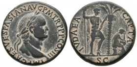 VESPASIANO. Sestercio. (Ae. 25,20g/32mm). 71 d.C. Roma. (RIC 167). Anv: Cabeza laureada de Vespasiano a derecha, alrededor leyenda: IMP CAES VESPASIAN...