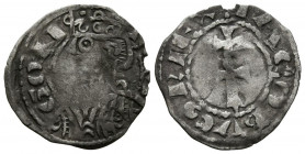 JAIME I (1213-1276). Obolo. (Ve. 0,35g/15mm). Aragón. (Cru V.S. 319). Anv: Efigie coronada a izquierda, alrededor leyenda: ARAGON. Rev: Cruz patriarca...