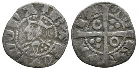 JAIME II (1291-1327). Dinero. (Ve. 0,82g/16mm). Barcelona. (Cru V.S. 340). Anv: Efigie coronada a izquierda con tres puntas. Rev: Cruz, en el primer y...