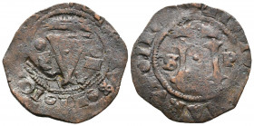 JUANA y CARLOS (1504-1555). 4 Maravedís. (Ae. 3,50g/25mm). Santo Domingo. (Cal-2019-35). Resello de llave para circular como 2 Maravedís en Jamaica. M...
