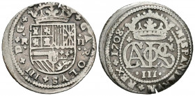 CARLOS III, el Pretendiente (1700-1714). 2 Reales. (Ar. 4,37g/27mm). 1708. Barelona. (Cal-2019-29). MBC.