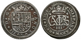 CARLOS III, el Pretendiente (1700-1714). 2 Reales. (Ar. 4,62g/25mm). 1708. Barcelona. (Cal-2019-29). MBC-.