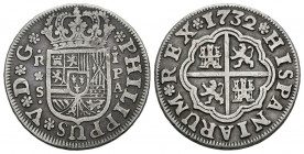FELIPE V (1700-1746). 1 Real. (Ar. 2,84g/19mm). 1732. Sevilla PA. (Cal-2019-656). MBC. Bonito tono.