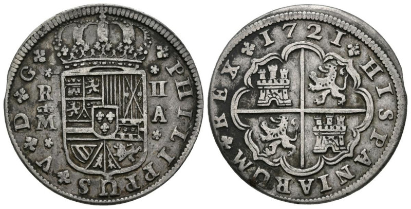 FELIPE V (1700-1746). 2 Reales. (Ar. 4,95g/27mm). 1721. Madrid A. (Cal-2019-774)...