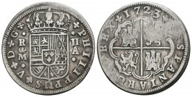 FELIPE V (1700-1746). 2 Reales. (Ar. 4,47g/28mm). 1723. Madrid A. (Cal-2019-777). BC+/MBC-.