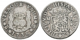 FELIPE V (1700-1746). 2 Reales (Ar. 6,35g/26mm). 1736. México MF. (Cal-2019-815). MBC-.