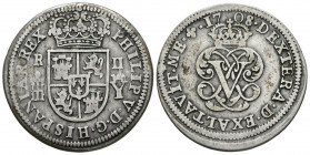 FELIPE V (1700-1746). 2 Reales. (Ar. 5,62g/28mm). 1708. Segovia Y. (Cal-2019-942). Cruz del escudo separa la fecha. MBC-.