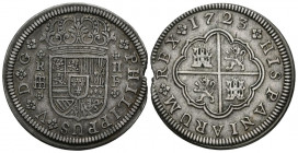 FELIPE V (1700-1746). 2 Reales. (Ar. 5,75g/27mm). 1723. Segovia F. (Cal-2019-958). MBC+. Muesca en el canto.