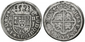 LUIS I (1724). 2 Reales. (Ar. 4,71g/27mm). 1724. Sevilla J. (Cal-2019-29). BC+. Escasa.