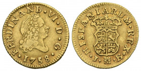FERNANDO VI (1746-1759). 1/2 Escudo (Au. 1,75g/15mm). 1758. Madrid JB. (Cal-2019-564). Cuarto busto. MBC/MBC+. Precioso tono.