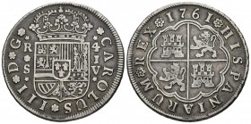 CARLOS III (1759-1788). 4 Reales. (Ar. 13,09g/34mm). 1761. Sevilla JV. (Cal-2019-977). MBC. Bonita pátina.