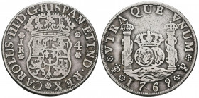 CARLOS III (1759-1788). 4 Reales. (Ar. 13,07g/32mm). 1769. Potosí JR. (Cal-2019-995). 9 de la fecha recto. MBC-.