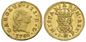 CARLOS III (1759-1788). 1/2 Escudo (Au.1,76g/15mm). 1760. Madrid JP. (Cal-2019-1242). Corona lisa. EBC/EBC+.
