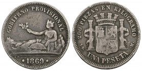 GOBIERNO PROVISIONAL (1868-1874). 1 peseta. (Ar. 4,80g/23mm). 1869. Madrid SNM. (Cal-2019-16). Leyenda Gobierno Provisional. MBC-/BC+. Bonita pátina....