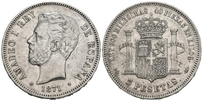 AMADEO I (1871-1873). 5 Pesetas. (Ar. 24,96g/38mm). 1871 *18-71. Madrid. SDM. (C...