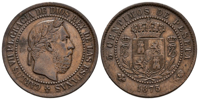 CARLOS VII, el Pretendiente (1868-1909). 5 Céntimos. (Ae. 5,15g/25mm). 1875. Bru...