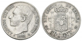 ALFONSO XII (1874-1885). 50 Céntimos. (Ar. 2,45g/18mm). 1885 *8-6. Madrid MSM. (Cal-2019-14). Acuñación póstuma. MBC+. Limpiada.
