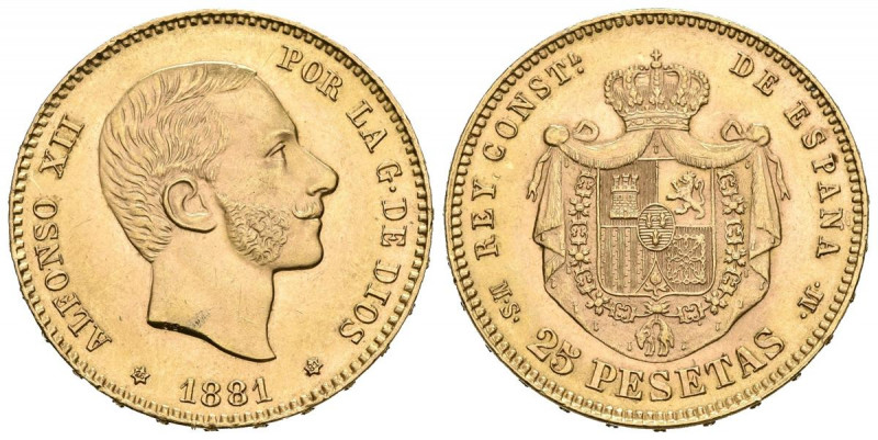 ALFONSO XII (1874-1885). 25 Pesetas. (Au. 8,07g/24mm). 1881 *18-81. Madrid MSM. ...