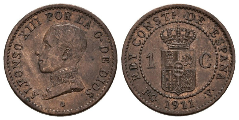 ALFONSO XIII (1885-1931). 1 Céntimo. (Ae. 1,01g/15mm). 1911 *1. Madrid PCV (Cal-...