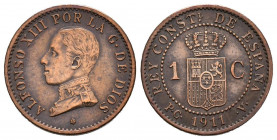 ALFONSO XIII (1885-1931). 1 Céntimo (Ae. 1,06g/15mm). 1911 *1. Madrid. PCV. (Cal-2019-3). EBC-. Escasa.