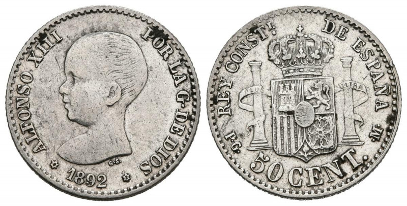 ALFONSO XIII (1885-1931). 50 Céntimos. (Ar. 2,51g/18mm). 1892/82 *8-2. Madrid PG...