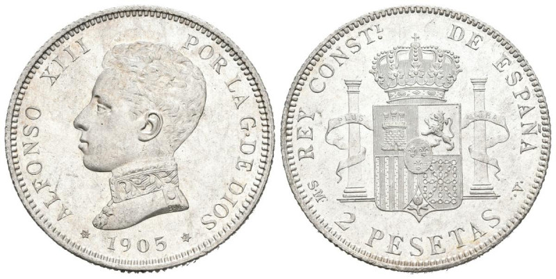 ALFONSO XIII (1885-1931). 2 Pesetas. (Ar. 10,03g/27mm). 1905 *19-05. Madrid SMV....