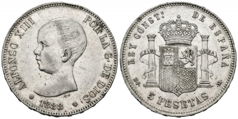 ALFONSO XIII (1885-1931). 5 Pesetas. (Ar. 25,01g/37mm). 1888 *18-88. Madrid MPM....