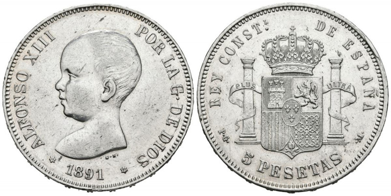 ALFONSO XIII (1885-1931). 5 Pesetas. (Ar. 25,10g/37mm). 1891 *18-91. Madrid PGM....