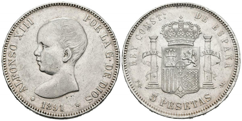 ALFONSO XIII (1885-1931). 5 Pesetas. (Ar. 24,78g /37mm). 1891 *18-91. Madrid PGM...