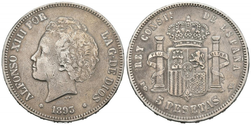 ALFONSO XIII (1885-1931). 5 Pesetas. (Ar. 24,82g /37mm). 1893 *18-93. Madrid PGV...
