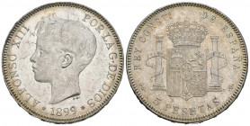 ALFONSO XIII (1885-1931). 5 Pesetas. (Ar. 24,95g/37mm). 1899 *18-99. Madrid SGV. (Cal-2019-110). EBC+. Preciosa pátina.