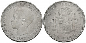 ALFONSO XIII (1885-1931). 1 Peso. (Ar. 24,90g/37mm). 1897. Filipinas SGV. (Cal-2019-122). MBC-.