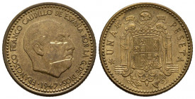 ESTADO ESPAÑOL (1939-1975). 1 Peseta. (AlAe. 3,53g/20mm). 1947 *19-49. Madrid. (Cal-2019-48). SC-. Rayitas en anverso.