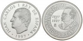 JUAN CARLOS I (1975-2014). 1000 Pesetas (Ar. 13,50g/33mm). 1997. Centenario de la muerte de D. Antonio Canovas del Castillo. FNMT. Proof. Tirada de so...