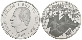 JUAN CARLOS I (1975-2014) . 1000 Pesetas. (Ar. 13,50g/33mm). 1998. Mundial de Fútbol. FNMT. Proof. Tirada de 30.000 unidades. Presentada en estuche of...