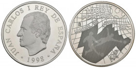 JUAN CARLOS I (1975-2014) . 1000 Pesetas. (Ar. 13,50g/33mm). 1998. Mundial de Fútbol. FNMT. Proof. Tirada de 30.000 unidades. Presentada en estuche of...