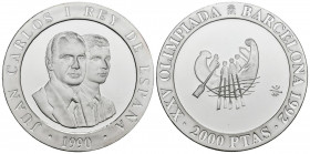 JUAN CARLOS I (1975-2014). 2000 Pesetas (Ar. 27,00g/40mm). 1991. FNMT. Serie Barcelona´92. Barca de Tamusiens. PROOF. Tirada de 180 mil unidades. Incl...