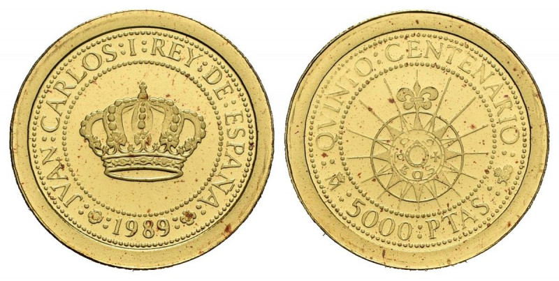 JUAN CARLOS I (1975-2014). 5.000 Pesetas. (Au. 1,68g/15mm). Serie I. Quinto Cent...