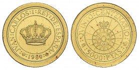 JUAN CARLOS I (1975-2014). 5.000 Pesetas. (Au. 1,68g/15mm). Serie I. Quinto Centenario. 1989. FNMT. Flor de cuño. Canto estriado y liso. Tirada de 32 ...