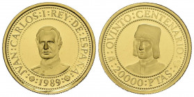 JUAN CARLOS I (1975-2014). 20.000 Pesetas. (Au. 6,75g/23mm). Serie I. Quinto Centenario. 1989. FNMT. PROOF. Tirada de 58 mil unidades. Incluye estuche...